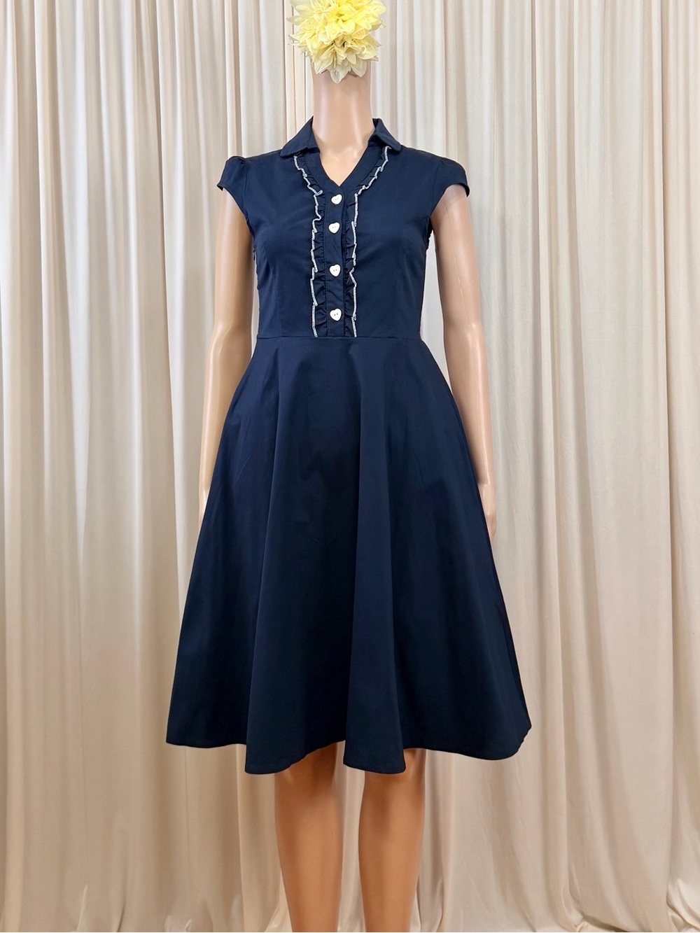 NEW Navy Cap-Sleeve Fit & Flare Dress with Ruffle Trim